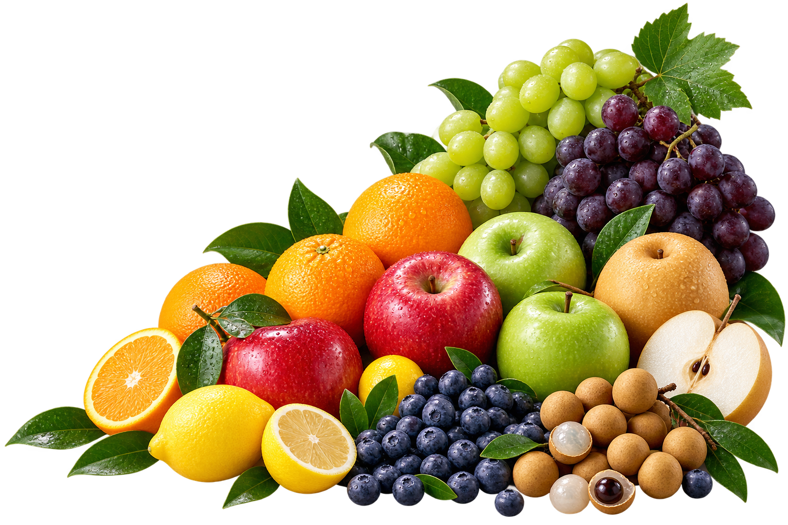 Fresh apples, citrus, grapes, berries, pear, and longan